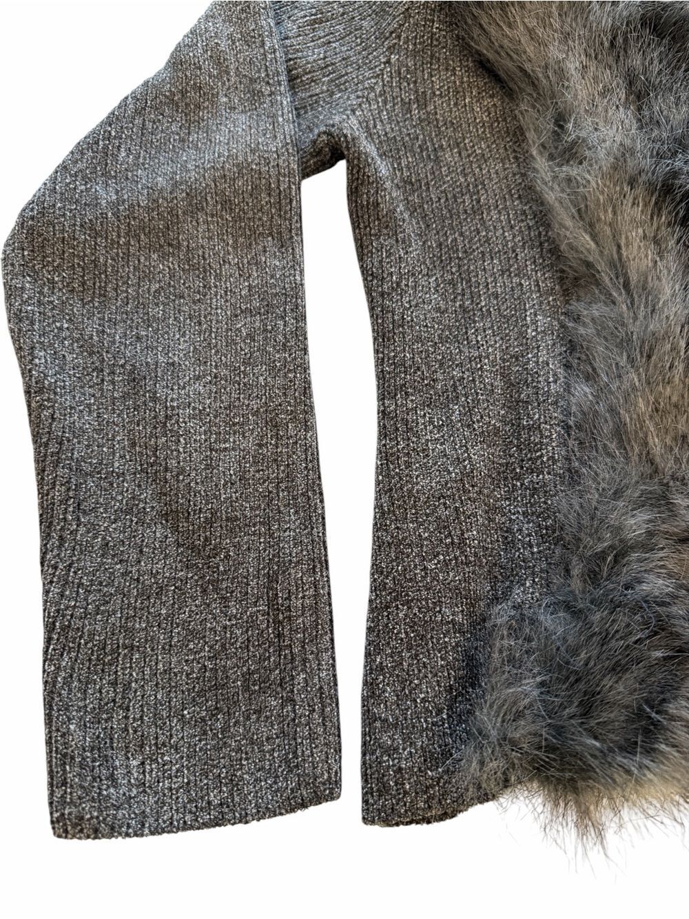 Lisa International Faux Fur Trim Knit Sweater Jacket Y2K Retro Brown Gray XL - Picture 6 of 10